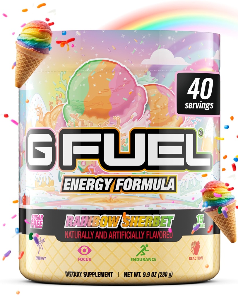 G Gorivo Rainbow Sherbet Energy Drink Powder, Pre Workout Caffeine Mix for Gaming, Sugar Free Focus Amino, Vitamin + Antioksidanti, 9.9oz (Rainbow Sherbet, 40 Serving)