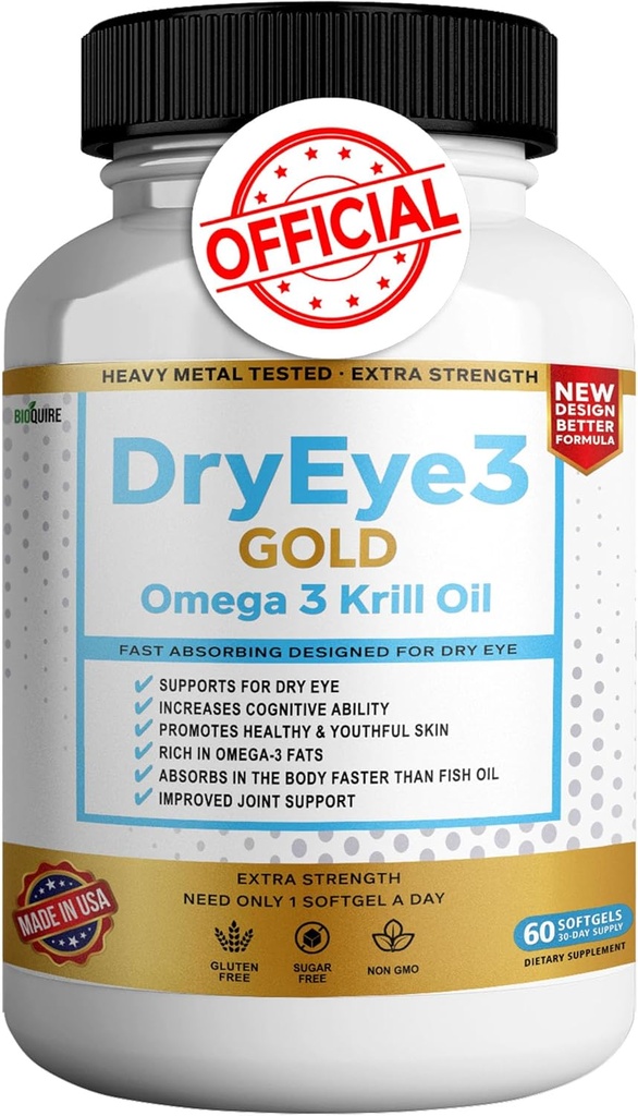 Suho oko 3 Zlato Omega 3 Krilno olje Dodatna moč, 60 Mehkužci, Suho oko podpora, Ne-GMO, Gluten brez, Sladkor Prost (1)