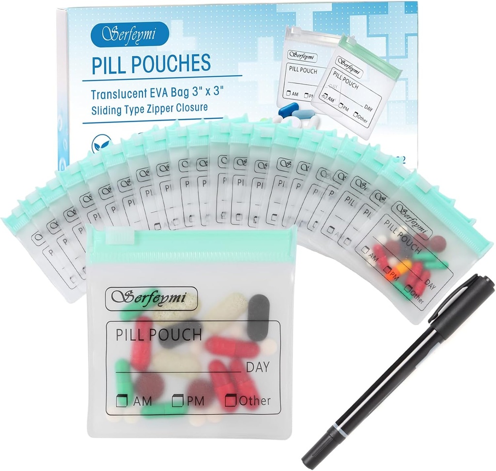 Serfeymi 32 Pcs Zippered tablete vrečke Organizator plastične vrečke 3 X 3 Inches 12 mil Self tealing z diapozitivno ključavnico Zapisna nalepka Transparent Travel Medicine Shramba vrečka in 1 Pc Marker-Green