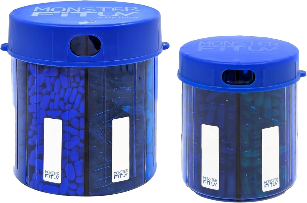 Monster Supplement medication tabletke Dispenser z nalepkami kompartment - ekstra velike tablete vsebnik steklenice ročaji skoraj vsak dodatek - enostavno za dispense (Monster Blue & pošast mlajši)