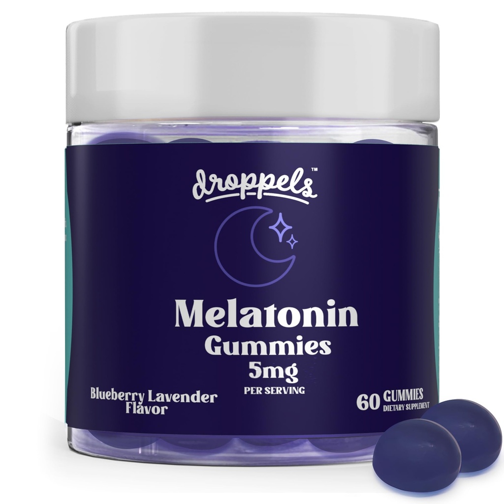 Droppels Melatonin Gummies, 5mg – Na bazi rastlin, Vegan Melatonin 5mg za naravno podporo spanja s kamiličnim ekstraktom, 60 Count, borovničeva aroma (1-mesečna zaloga)