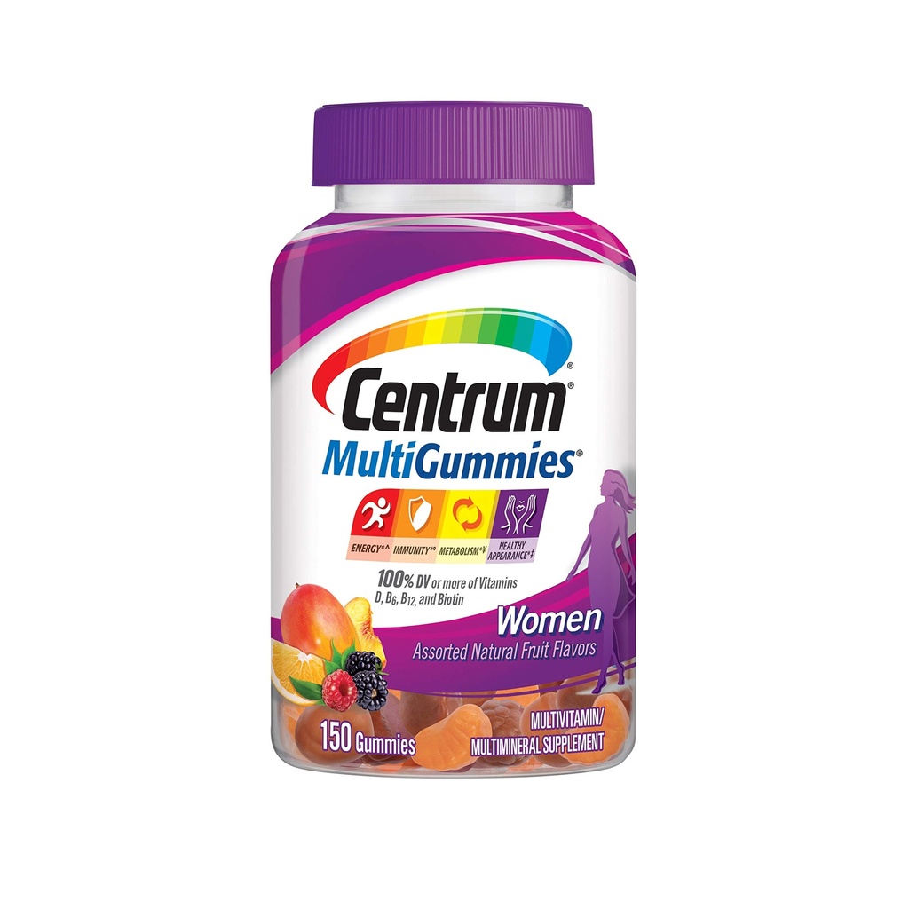Centrum MultiGummies Gummy Multivitaminski za ženske, Multivitaminski/Multimineralni dodatek z vitaminom D3, B Vitamini in antioksidanti, Asortirana aroma sadja - 150 Število