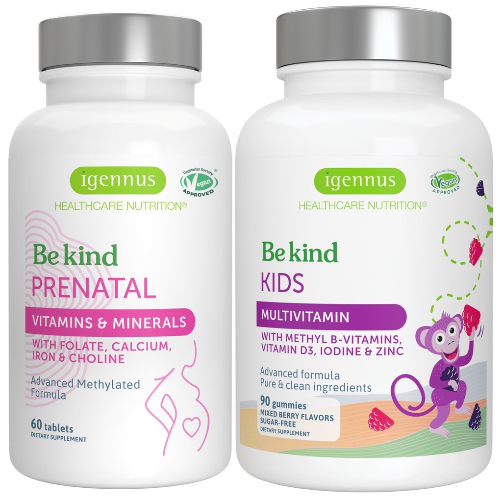 Visoka absorpcija Metilirana Prenatalna + Napredni otroci Multivitaminski Gummy Veganski paket, Čista nalepka z vitaminom A, B, C, D3 & E, 60 Tablete + 90 Berry Flavor Gummies, Bodite prijazni od Igennus