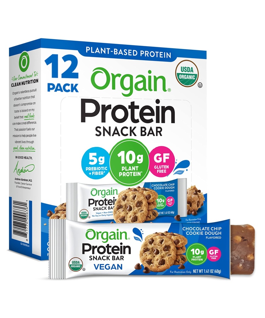 Orgain Organic Vegan Protein Bars, Čokoladni Chip piškotek Dough - 10g Rastlinski osnovi beljakovine, Nizki kalorij Zdravi prigrizki, Brez laktoze ali soje Sestavine, Gluten prost, Non-GMO - 1,41 Oz (Pack of 12)