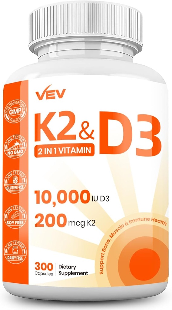 VEV Vitamin D3 K2 – Kapsule, enostavne za vlaženje, 300 kapsul (Packageing May Vary)