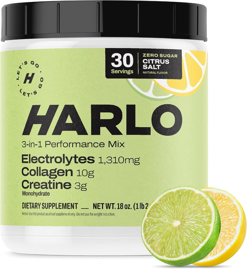 Harlo - Citrus Salt Electrolyte Drink Mešamo z govejim kolagenom in kreatinom - Kreatin monohidrat v prahu - Energijski napitek v prahu - Pred vadbo v prahu - Sladkor brez energijskih napitkov - Po vadbi