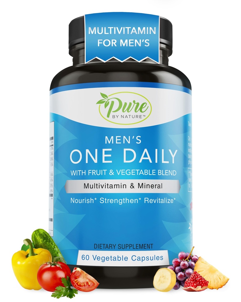 Čisti po naravi enodnevni multivitamin za moške, Imunska podpora dodatek z ne-GMO Sestavine, vitamini in minerali za energijo, 60 Veggie kapsule