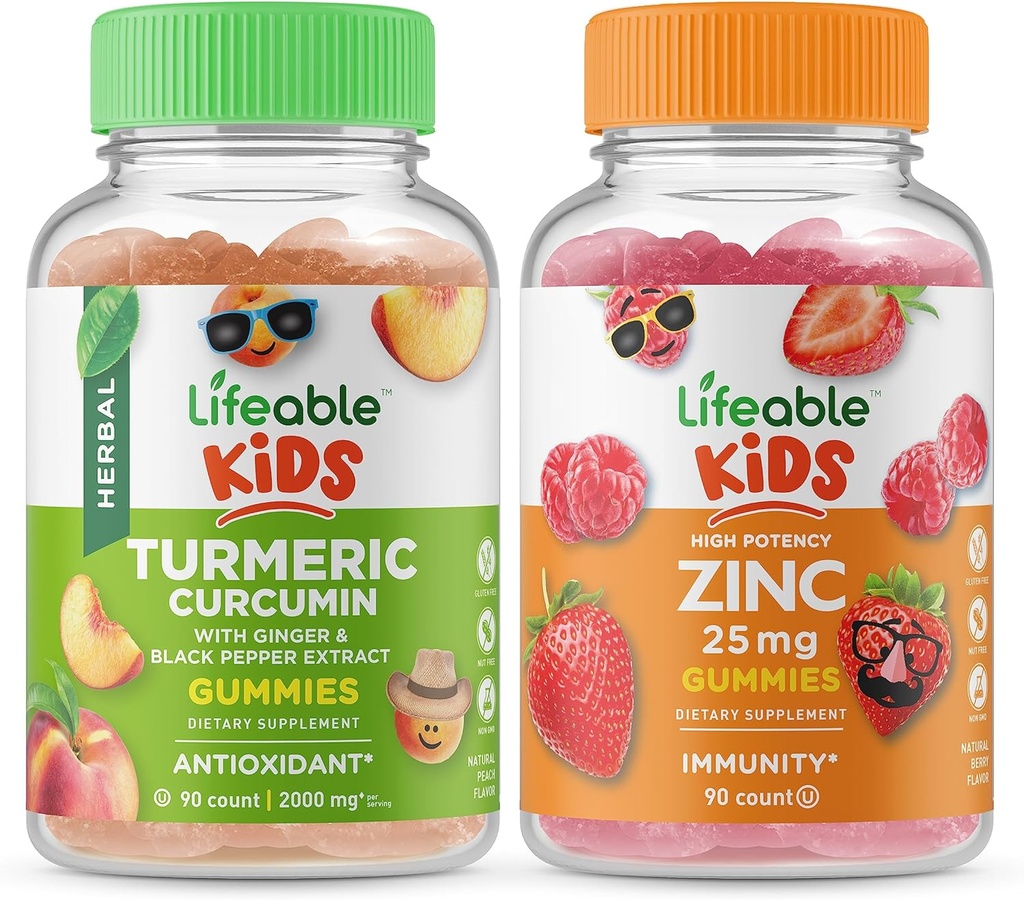 Življenjski kurkumin Otroci + Cink 25mg Otroci, Gummies Bundle - odličen okus, Vitamin dopolnilo, Gluten brezplačno, GSO brezplačno, Žvečljivi Gummy