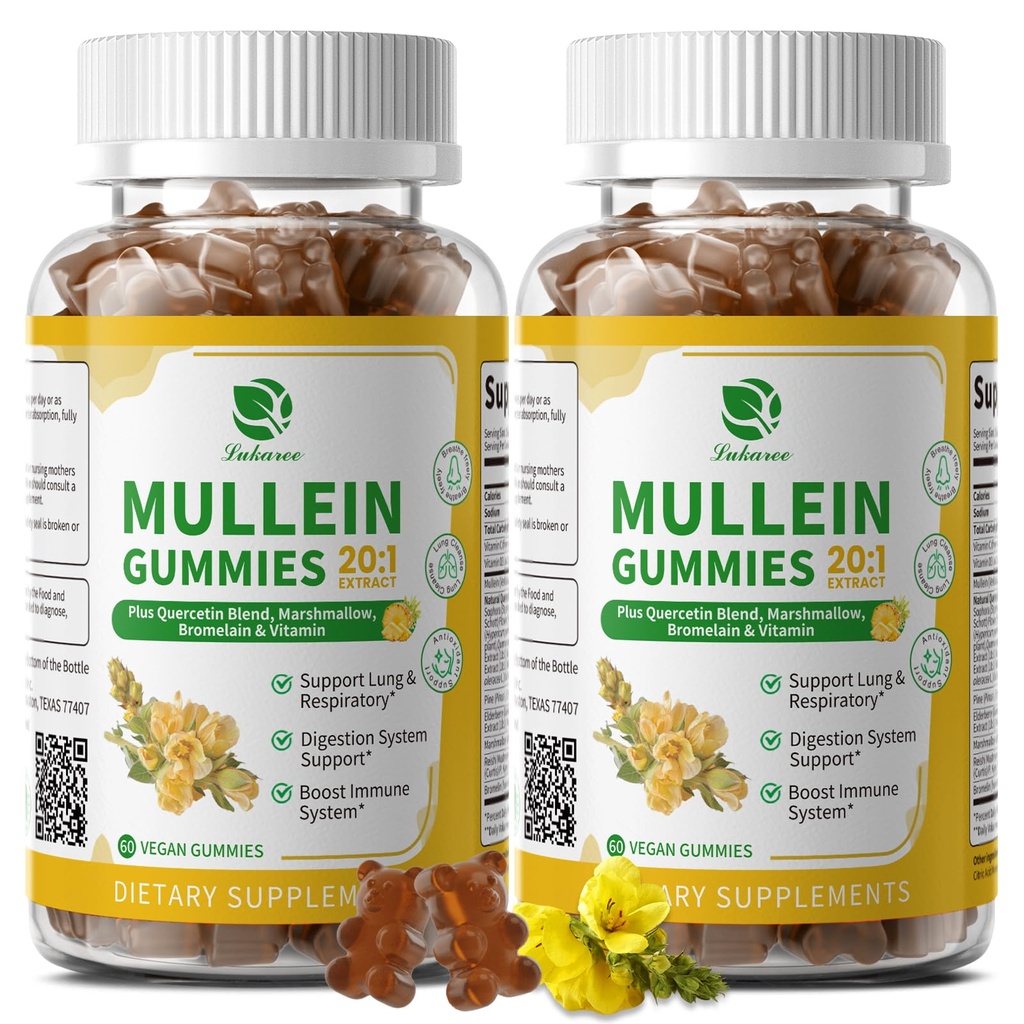 (2 paketa) 9 v 1 Mullein Gummies za čiščenje in razstrupljanje Lung, ekstra moč Mullein Leaf Extract w/Quercetin, Bromelain, Elderberry & Marshmallow za dihala, Imune & Digestive, Vegan,120 Count