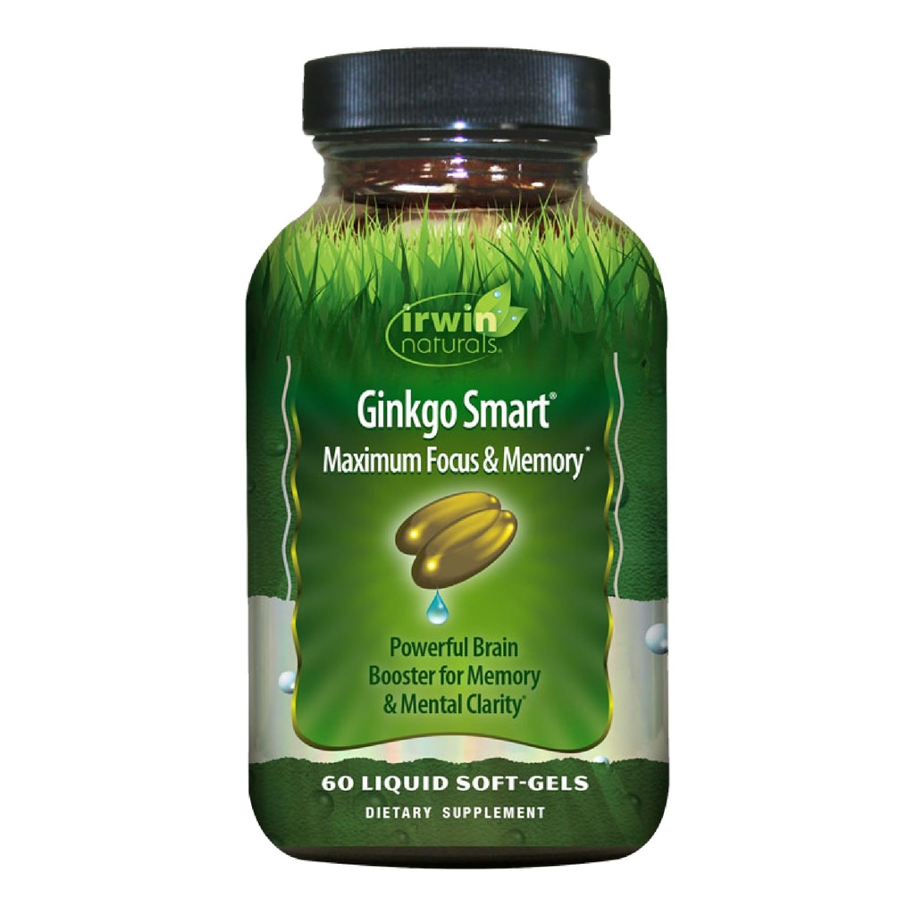 Irwin Naturals Ginkgo Smart Powerful Nootropic Brain Booster - podpira maksimalni spomin, Fokus & Duševna jasnost z DMAE, Clubmoss, Choline & Acetil L-Carnitine - 60 Liquid Softgels