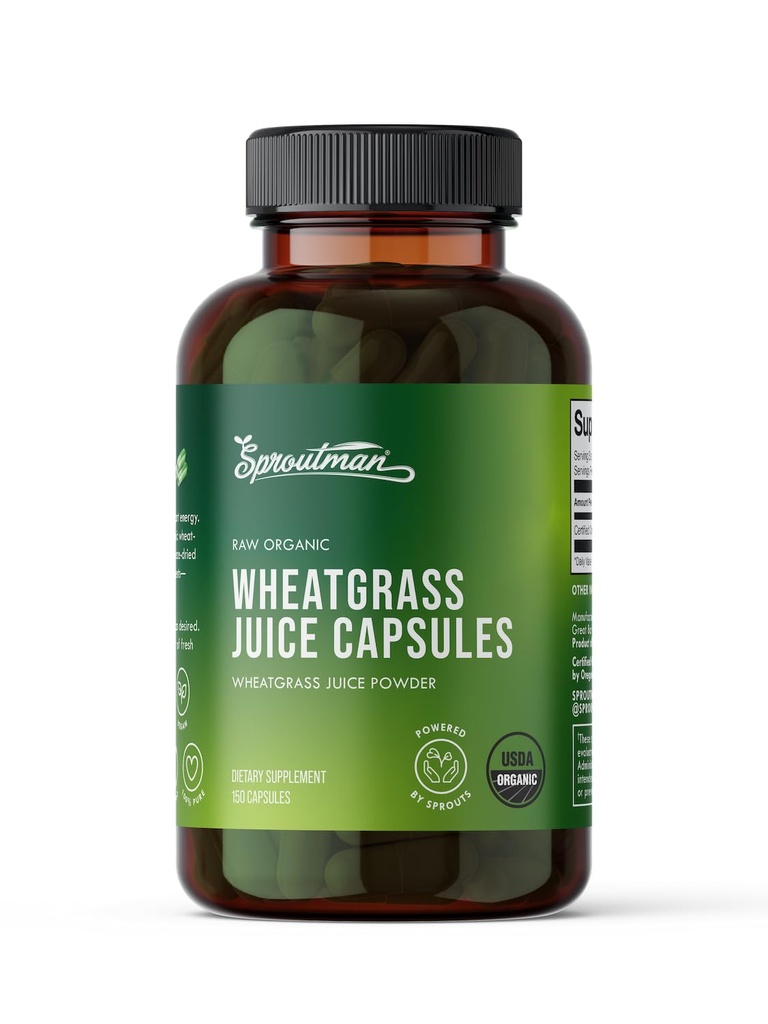Ekološka pšenični sok v prahu Kapsule Sproutmana - 100% čista pšenična trava - Aids Digestion - visoka vsebnost vitaminov, antioksidantov, klorofila, encimov, mineralov in energije (150 tablet)