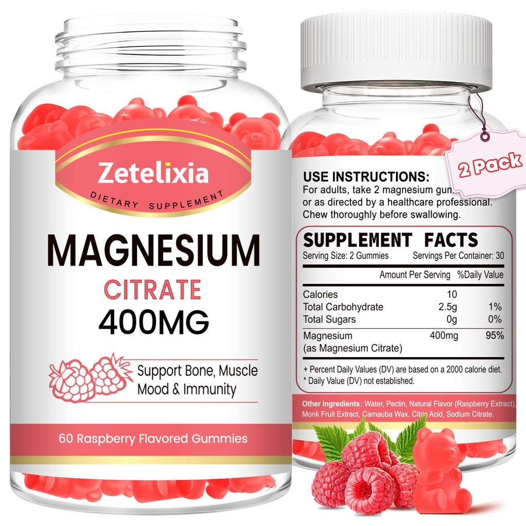2 Pack Magnezijev Citrat Gumies 400MG, visoka absorpcija Magnezijev Gumiji za odrasle, Podpora mišicam in zobem, Vegan 120 Cts