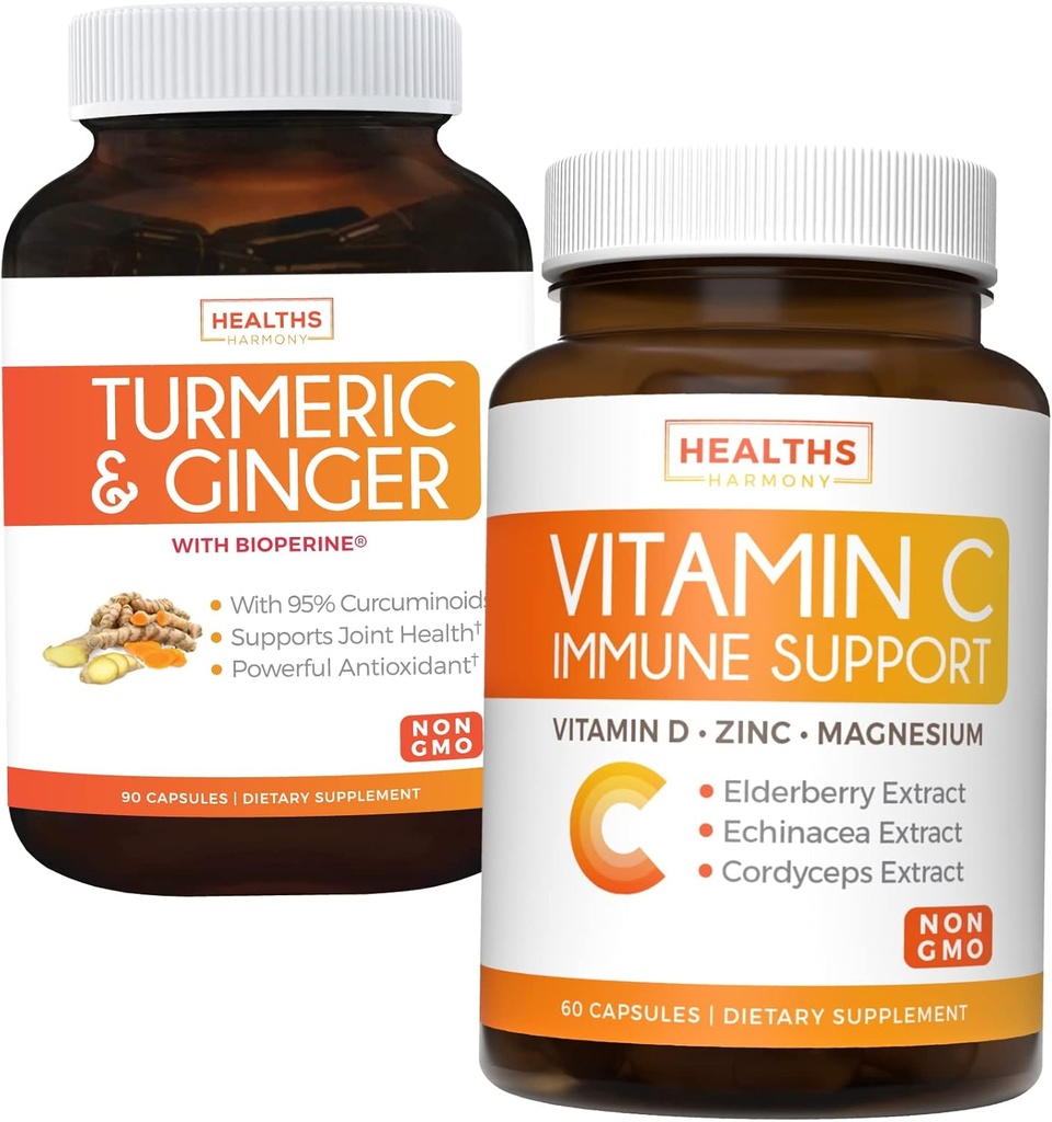 Mešanica imunske podpore vitamina C in kurkumin - Dnevna podpora: Imunska + skupno zdravje - Imunska podpora - Vitamin C z cinkom (Non-GMO) in Kurkumin - izvleček črnega popra (Non-GMO)