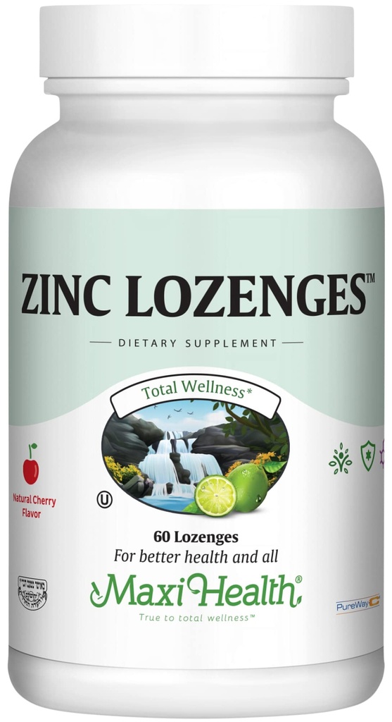 Maxi-Health Cink Lozenges - Cinkov citrat 10mg - z vitaminom C - Cherry Flavor - 60 Žvečljivi - Košir