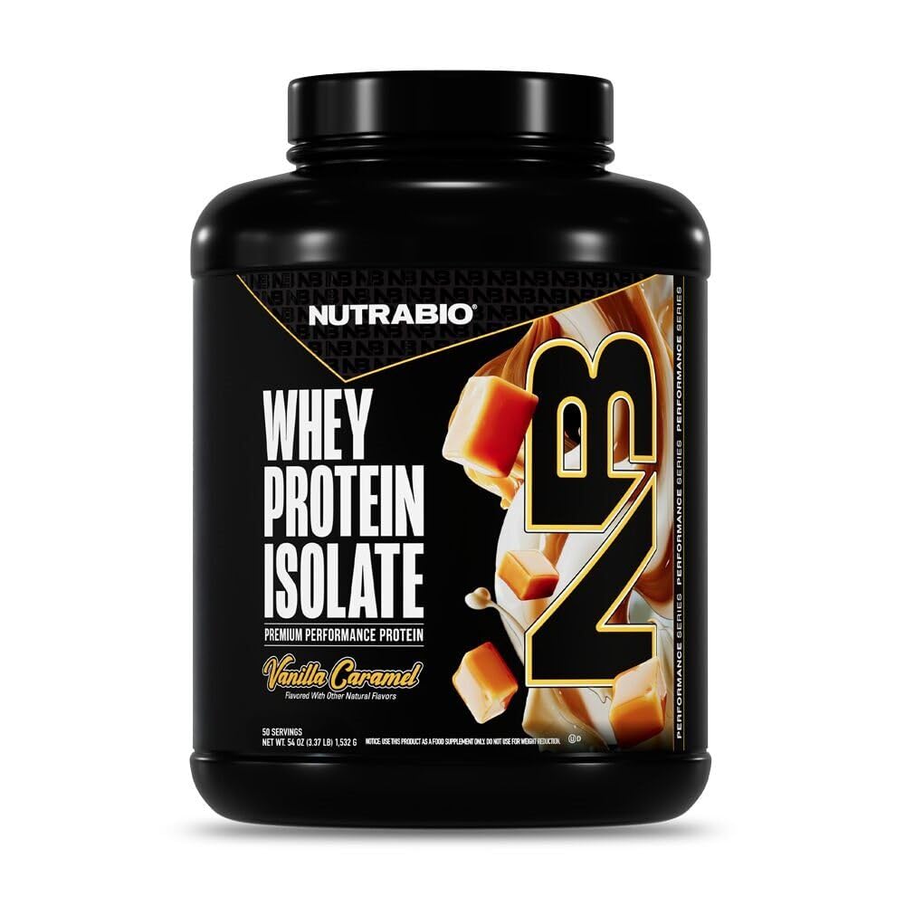 NutraBio 100% sirotkinih beljakovin izolat beljakovin v prahu, 25 g beljakovin s popolnim profilom aminokislin, brez GMO, soje in glutena, brez ogljikovih hidratov, nizkokaloričnih sirotkinih beljakovin v prahu, vanilija karamel, 5 Lbs