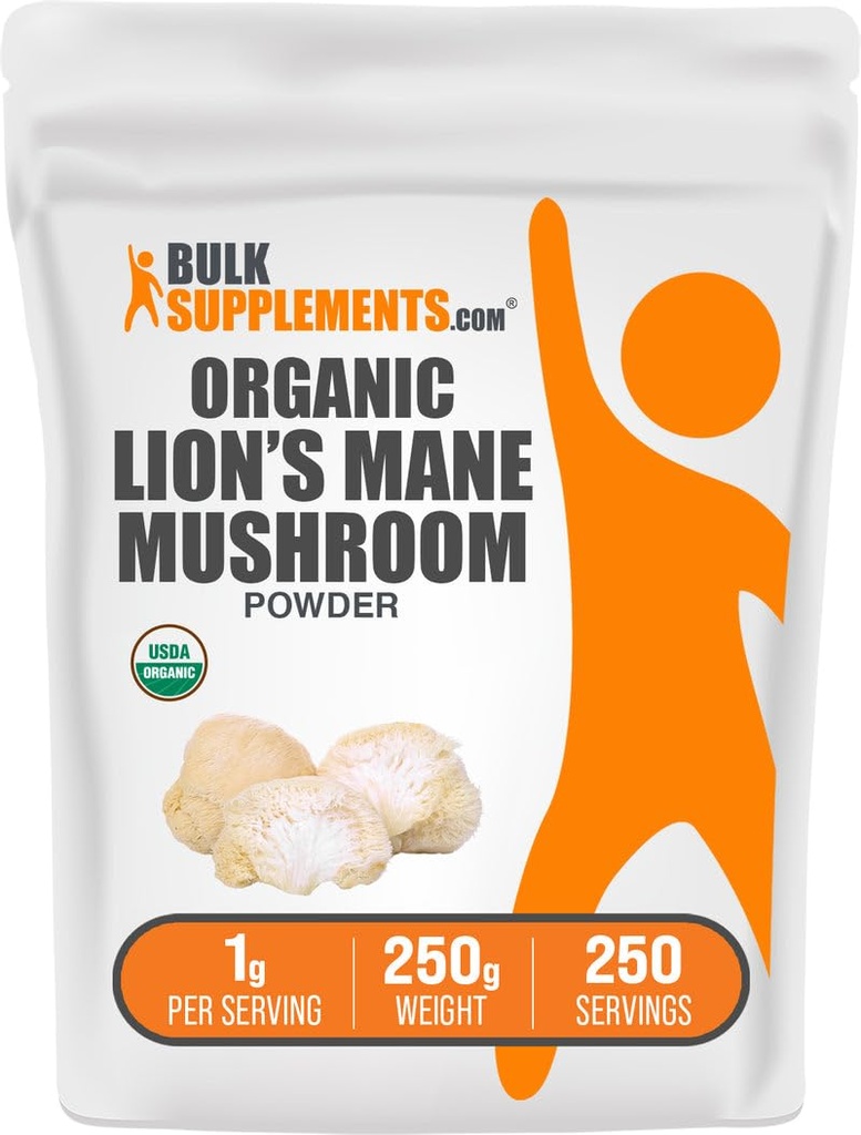 BulkSupplements.com Organic Lions Mane Gobe Powder - Levi Mane Powder, Gobe dodatek - Vegan & Gluten Free, 1g na Serving, 250g (8.8 oz) (Pack of 1)