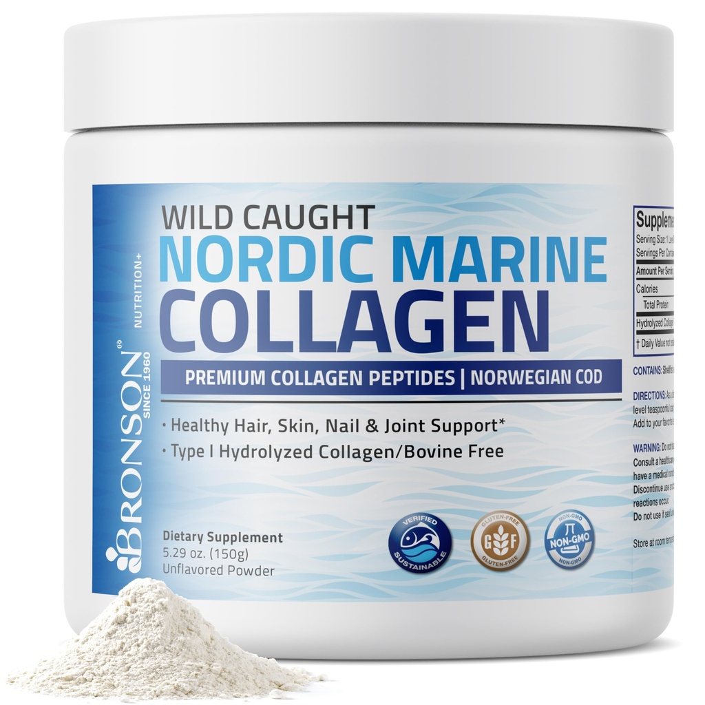 Bronson Marine Kolagen Peptides Hidrolizirani proteini v prahu 100% Wild Catch Nordic Cod Preverjeni trajnostni vir za sklepe Kožna dlaka Nails & Bones 150g (5.29oz)