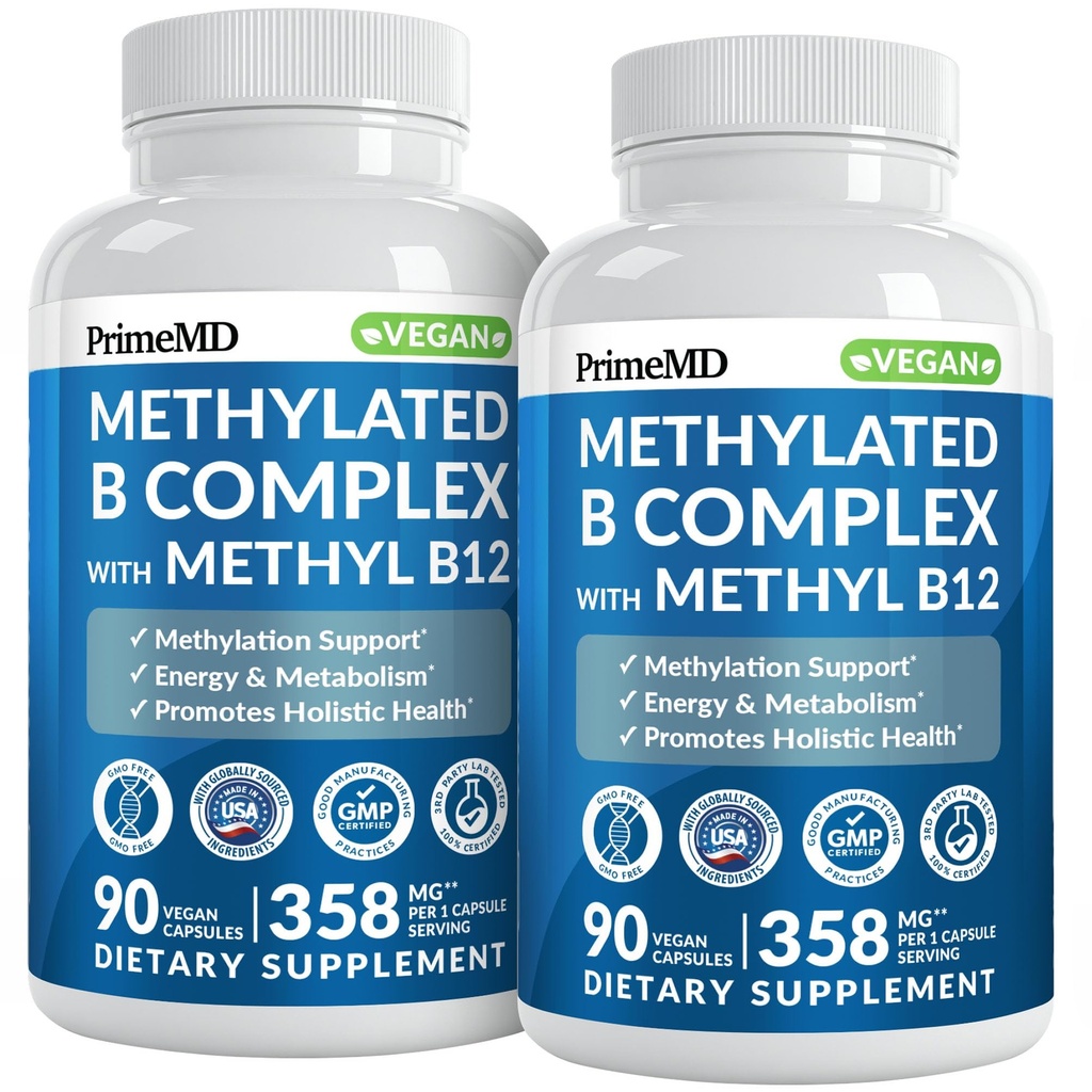 Metilirani B kompleks z metilfolatom in B12 metilkobalamin 1000 mcg - metilirani multivitamin za energijo, možganske funkcije in wellness - Vitamin B kompleks za moške in ženske (180 Serving, pakiranje po 2)