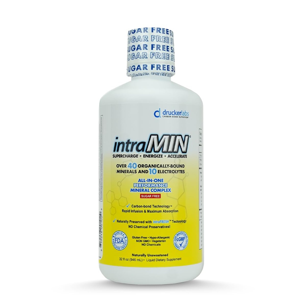 Drucker Labs - intraMIN Organski tekoči minerali Dopolnilo za moške, ženske, otroke, Imunska in mišična podpora, Non GSO, Gluten Free, Vegan, Elektroliti, Sladkor brez (32 oz., Nearomatizirana)