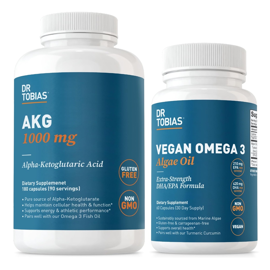 Dr. Tobias AKG Supplement & Vegan Omega 3 Algae Oil, Podpora Celularna energija in splošno zdravje z AKG, EPA & DHA, Vegan, Gluten-free, Non-GMO