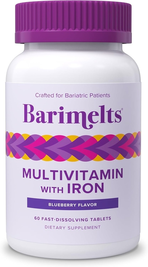 BariMelts Bariatrični multivitaminski izdelki z železom - 1 mesec (60 tablet za hitro raztapljanje) - Brez sladkorja - Bariatrični vitamini po Op - Naravna borovničeva aroma