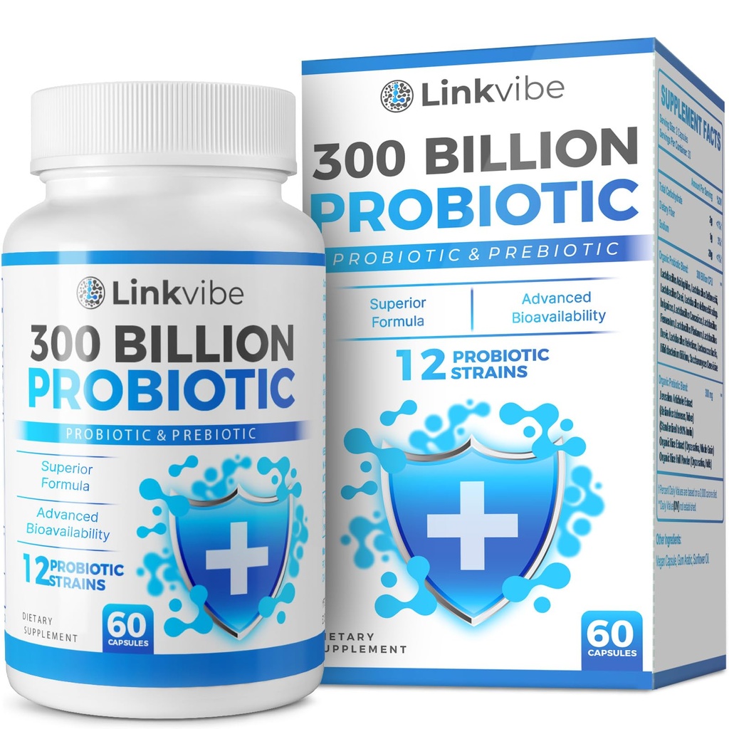 Probiotik 300 milijard CFU - 12 sevov z organskimi prebiotiki za prebavne in črevesne, imunske, napihnjeno zdravje - probiotiki za ženske in moške - Daily Daily Dairy Free, Rokavice Stable - 60 Counts