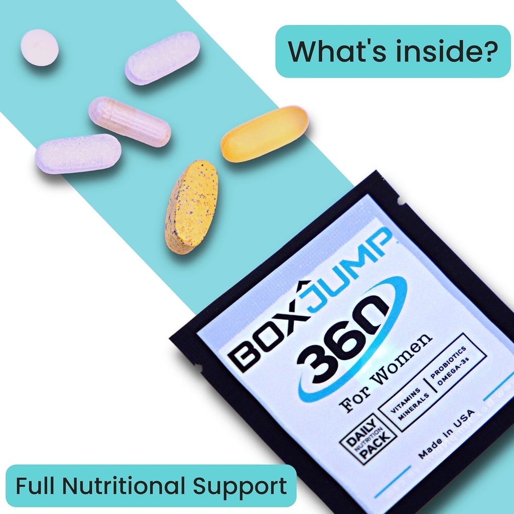 BoxJump ženski dnevni multivitaminski paketi z esencialnimi vitamini in minerali – vključuje vitamine D, C, E, A, B12 za energijo, vzdržljivost, imunosupresivno podporo, zdravje kosti in kože – 30-dnevni