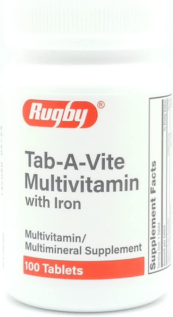 Rugby Laboratories Tab-A-Vite multivitamin z železovim multimineralnim dopolnilom Vitamin A, C, D Tiamin Riboflavin Niacin Folat Pantotenska kislina 100 tablet (paket po 1)