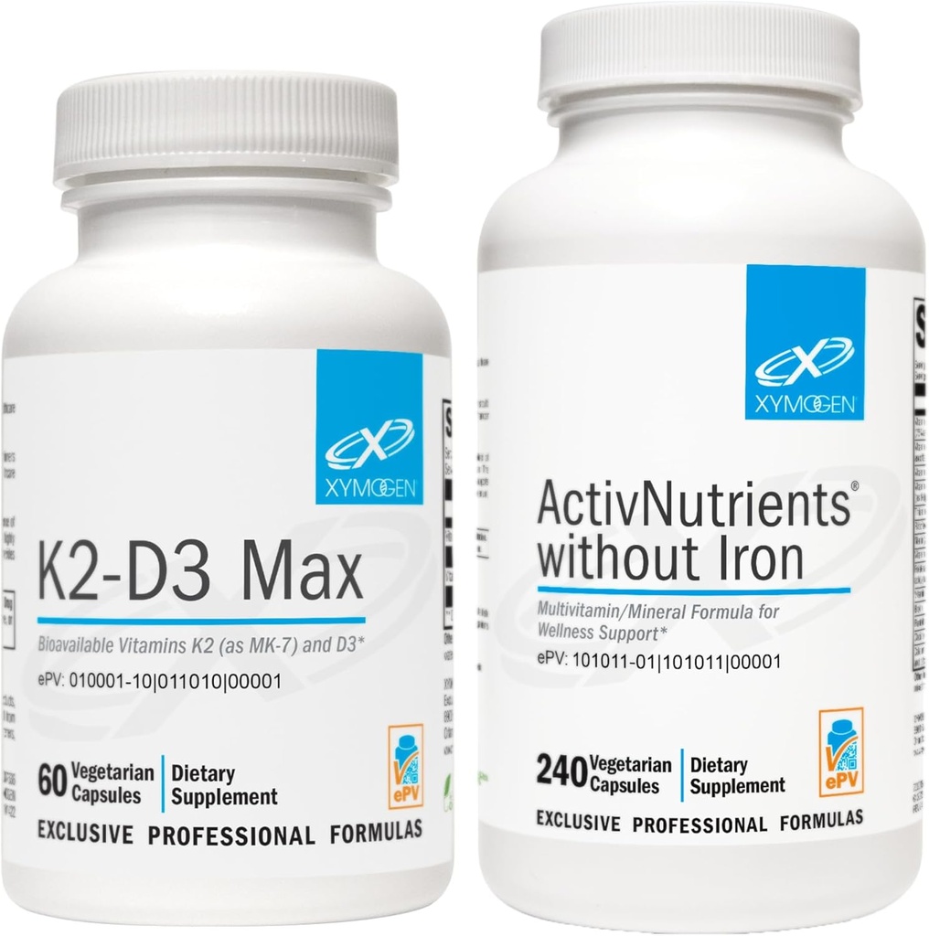 XYMOGEN ActivNutrienti brez železa (240 kapsul) + K2-D3 Max (60 kapsul) - multivitamin za podporo energiji in razpoloženju z vitaminom D 5000 i.e. Kapsule + vitamin K2