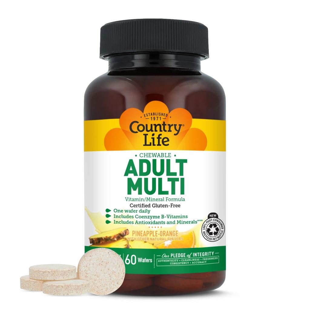 Country Life Adult Chewable Multivitamin with Coenzyme B-Vitamins, Antioxidants, Minerals, Pineapple-Orange Flavor - Supports Energy Metabolism and Immune Health, Gluten Free - 60 Wafers