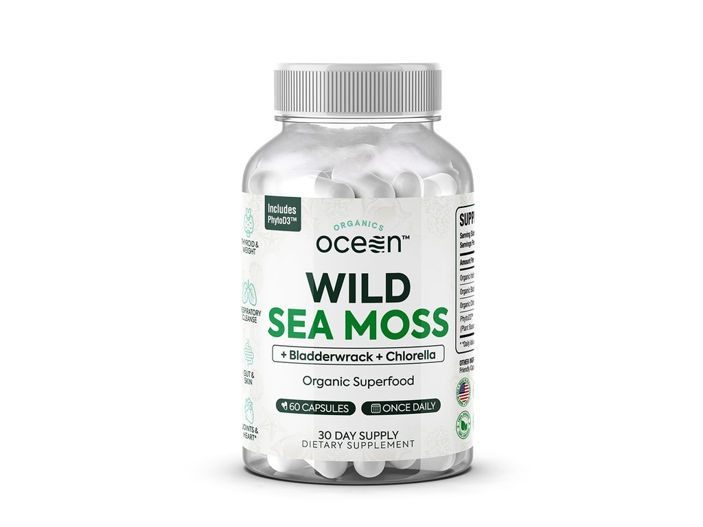 Organics Ocean Wild Sea Moss Kapsule - 100% Organic Irish Sea Moss z organskim klorolom, Bladderfrack in vitamin D za energijo, pljučno zdravje in ščitnico Podpora za ženske in moške - 60 Kapsule