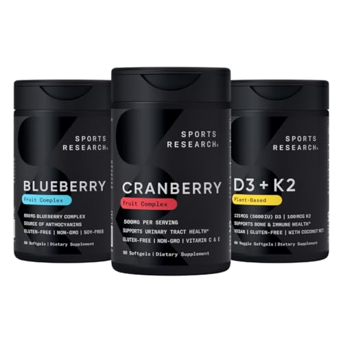 Športne raziskave Cranberry Fruit Complex dodatek s Pacran & Vitamins C & E, koncentrat celega sadja Borovnice Izdelan iz ekoloških borovnic in rastlin na osnovi vitamina D3 + K2 s kokosovim oljem