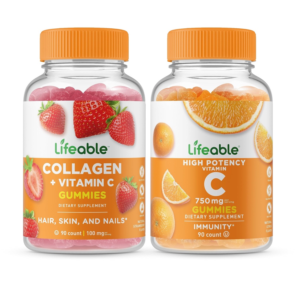 Življenjski kolagen & vitamin C + vitamin C 750mg, Gummies Bundle - odličen okus, vitamin dopolnilo, Gluten brezplačno, GSO brezplačno, žvečljivi gumi