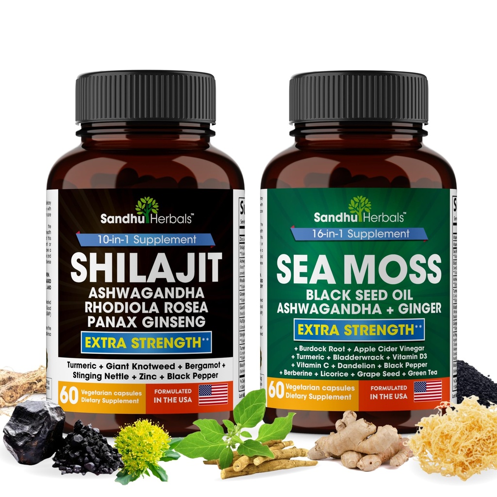 Shilajit Sea Moss Ashwagandha Combo Bundle - olje črnega semena, kurkuma, Rhodiola Rosea, Panax, Ginseng dodatek 
