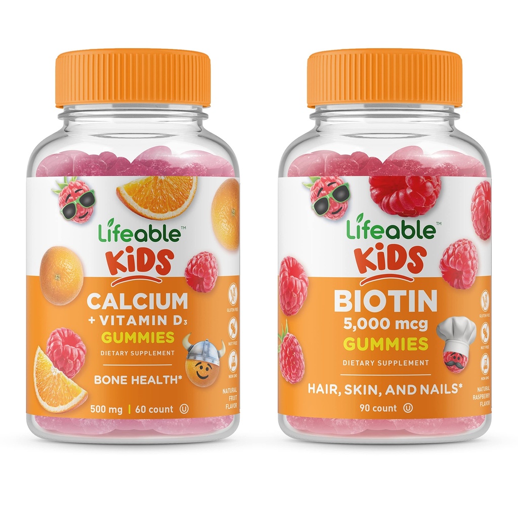 Življenjski biotin Otroci + Kalcij z vitaminom D Otroci, Gummies Bundle - odličen okus, Vitamin dopolnilo, Gluten brezplačno, GSO brezplačno, Žvečljivi gumi