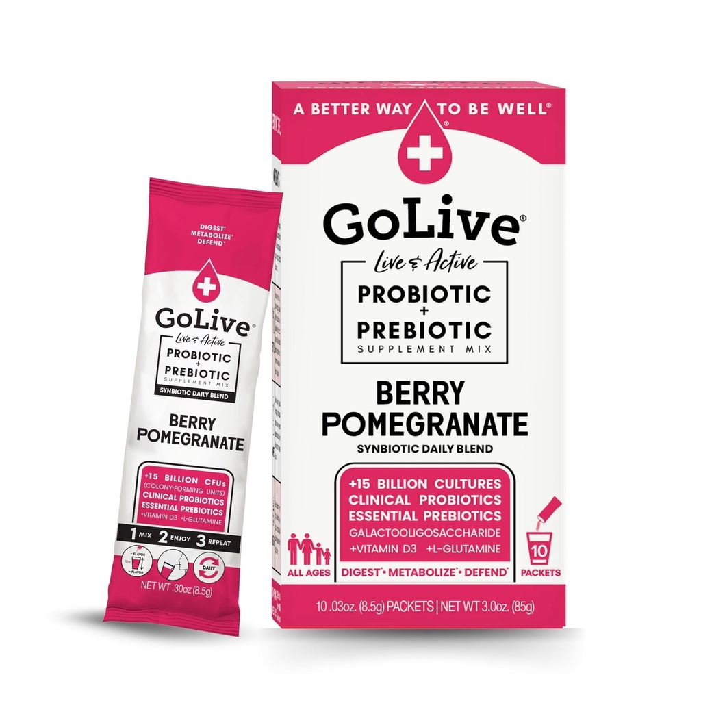 GoLive Prebiotic in probiotik za ženske, moške, otroke. Berry Granatno jabolko Sinbiotični prašek w/ L- glutamin, vitamin D3, elektroliti. Za zdravilo Gut Health, digescijo, presnovo, imunost 15- 50B CFU.