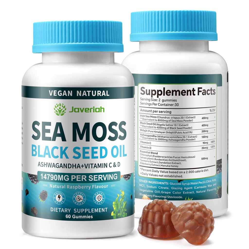 Vegan Ashwagandha Sea Moss Gummies - črno seme olje, vitamin C&D za imuno podporo, Prebavni, antioksidant 13 v 1 Bundle, Sea Moss Klorophyll Napredna moč Formula 2Pack 120 Gummies