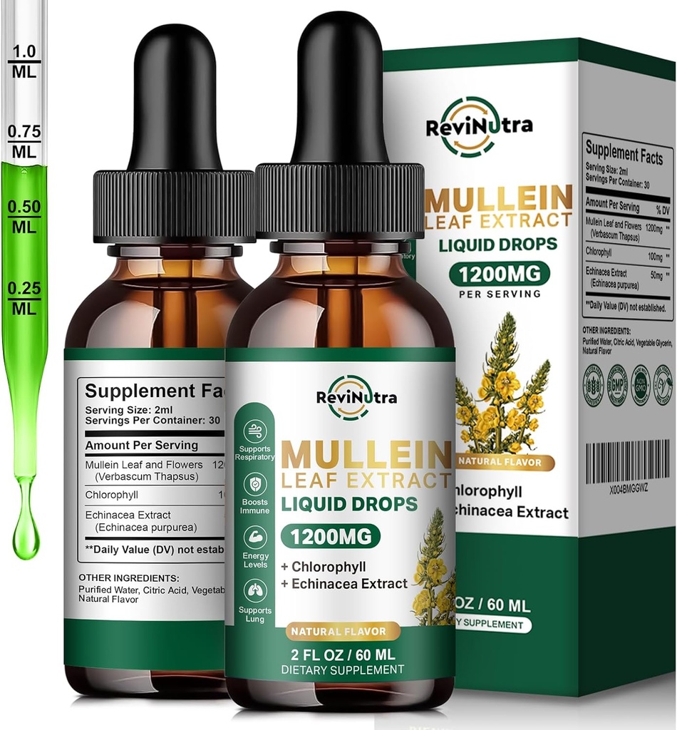 2 Pack Mullein kapljice za pljuča, 1200 mg Mullein Leaf Extract tekoče kapljice s klorofil za čiščenje in razstrupljanje pljuč, podpora za dihala, imunski, prebavni sistem