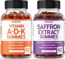 ADK Vitamin D3 K2 D (60 Gummies) K - 10 Veganski dodatek - Okusna malina aroma in žafran (60 Gummies) Premium Sugar Brez dodatkov za odrasle - 5 v 1 Napredna Formula - Vegan & ZDA Made