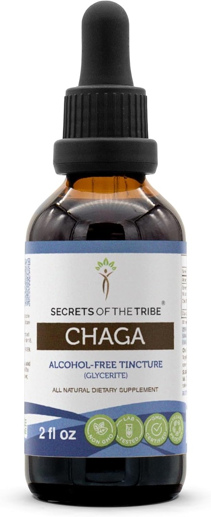Skrivnosti Tribe Chaga Tincture Alkohol-free Extract, visokopotenzivne zeliščne kapljice, Tinktura narejena iz Wildcrafted Chaga (Innonotus obliquus) Suhe gobe 2 oz