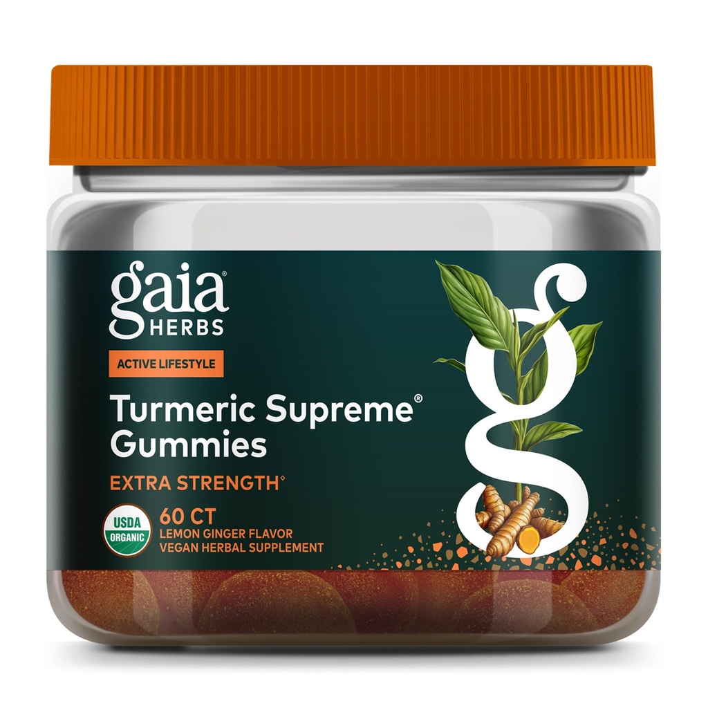Gaia Herbs Turmeric Supreme Extra Strength Gummies - podpira Stealing Relief za pomoč ohraniti aktivni življenjski slog - Lemon Ginger Flavor - 60 Vegan Organic Gummies (20-dnevna dobava)