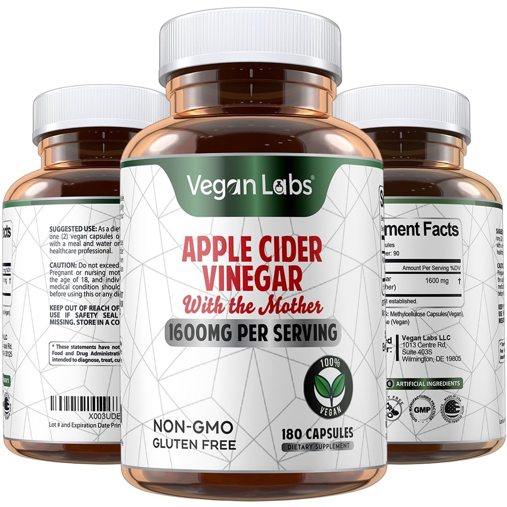 Veganski laboratoriji Apple Cider Vinegar Kapsule z mati- 180 Veganske kapsule, 1600MG na služijo- 100% naravne tablete ACV- podpira zdravo prebavljanje, Keto, upravljanje teže, razstrupljanje, in imunski sistem
