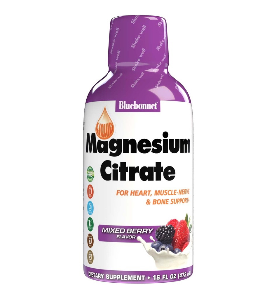 Bluebonnet Nutrition Magnezijev citrat 420 mg - Calm Mind & Body* – Podpira srce, mišice in spanje* - Non-GMO, Vegan, Košir, Gluten-free, Soy-free, Milk-free - 16 FL OZ, Mešana jagodičja aroma