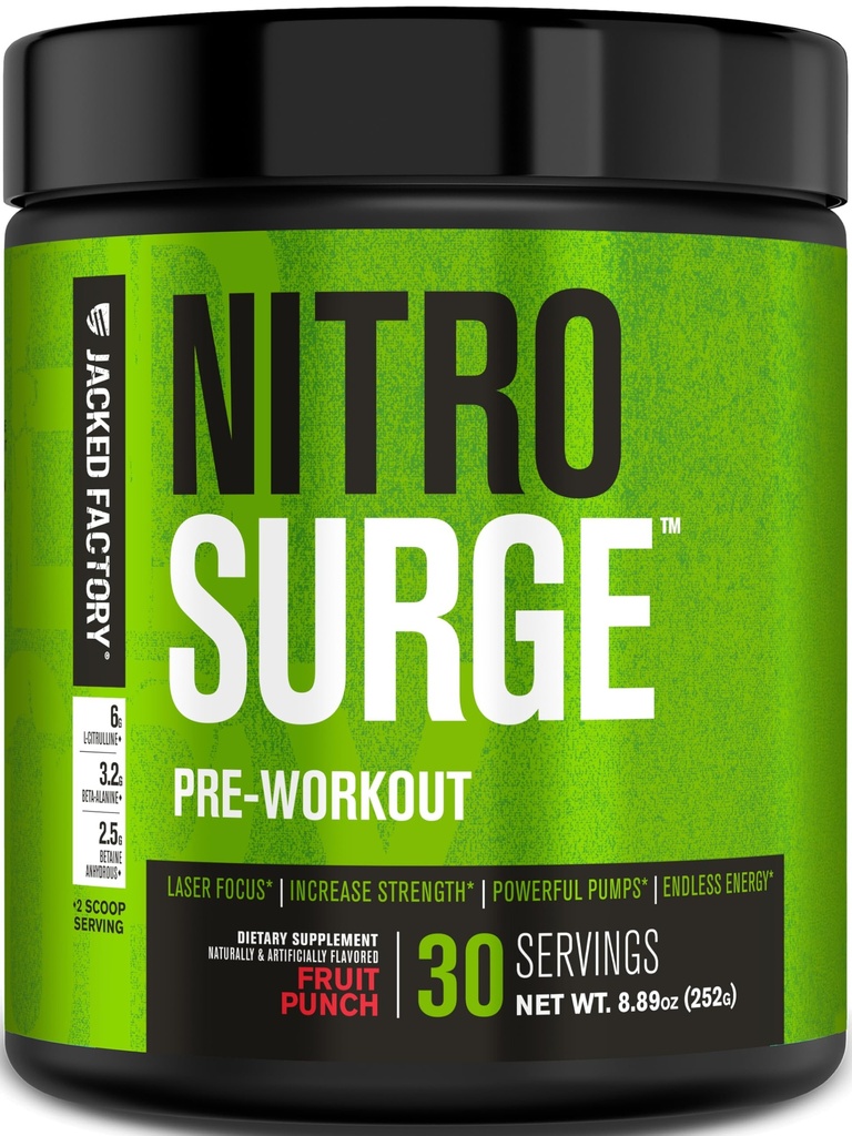 Jacked Factory NITROSURGE Pre Workout dodatek - Neskončna energija, Instant moč pridobi, Jasno Fokus & Intense črpalke - NO Booster & Močni Preworkout Energy Powder - 30 Servings, Sadni Punch