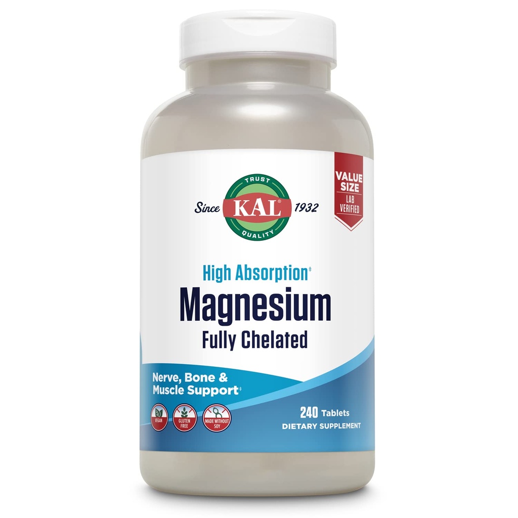 KAL Magnezij Glycinate tablete, popolnoma kelirana, visoka absorpcijska formula z magnezijevim biglicinatom Chelat za živčevje, mišice in kosti podpora, Vegan, Gluten prost, vrednost velikost, 240 tablet