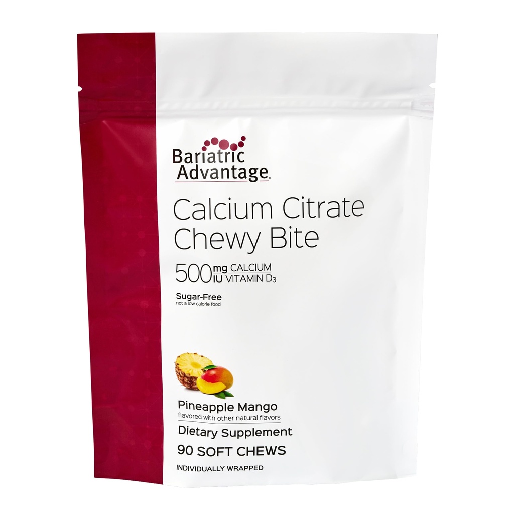 Bariatrične prednosti Kalcijev citrat Chevy Bites 500 mg - Zelo absorbbilen in prebavljiv - Vitamin D3 - Enostavno žvečljivi kalcij dodatek - Ananas Mango - 90 Število