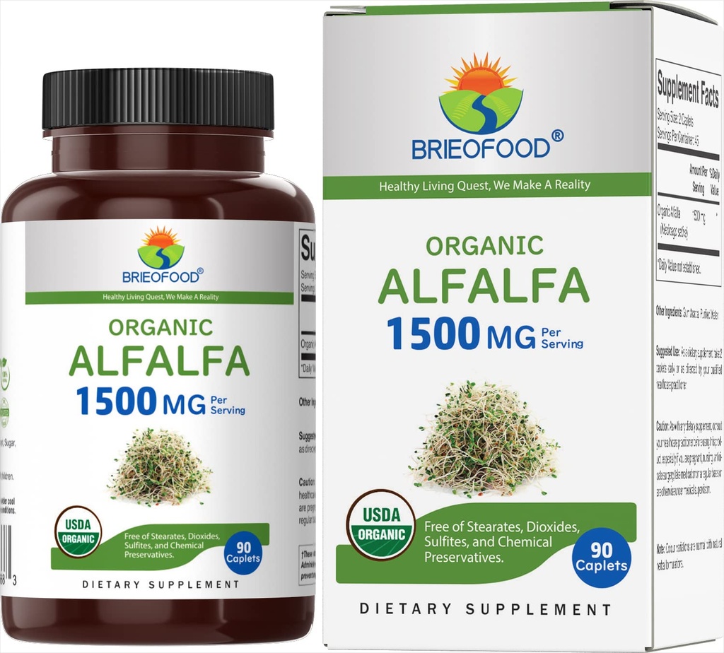 Brieofood Organic Alfalfa 1500mg, 45 Serving, vegetarijanec, Gluten brez, 90 vegetarijanske tablete