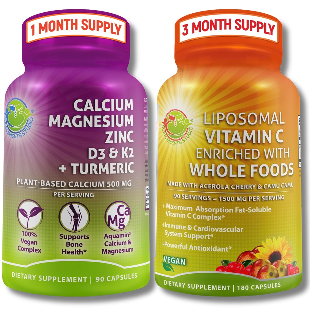 Rastlinsko-bazen kosti in imunske podpore dodatek Bundele – liposomski vitamin C 1500mg z organsko Acerola & Camu Camu + kalcijev magnezijev cink z vitaminom D3, K2 & Kurkurja – Vegan, Non-GMO