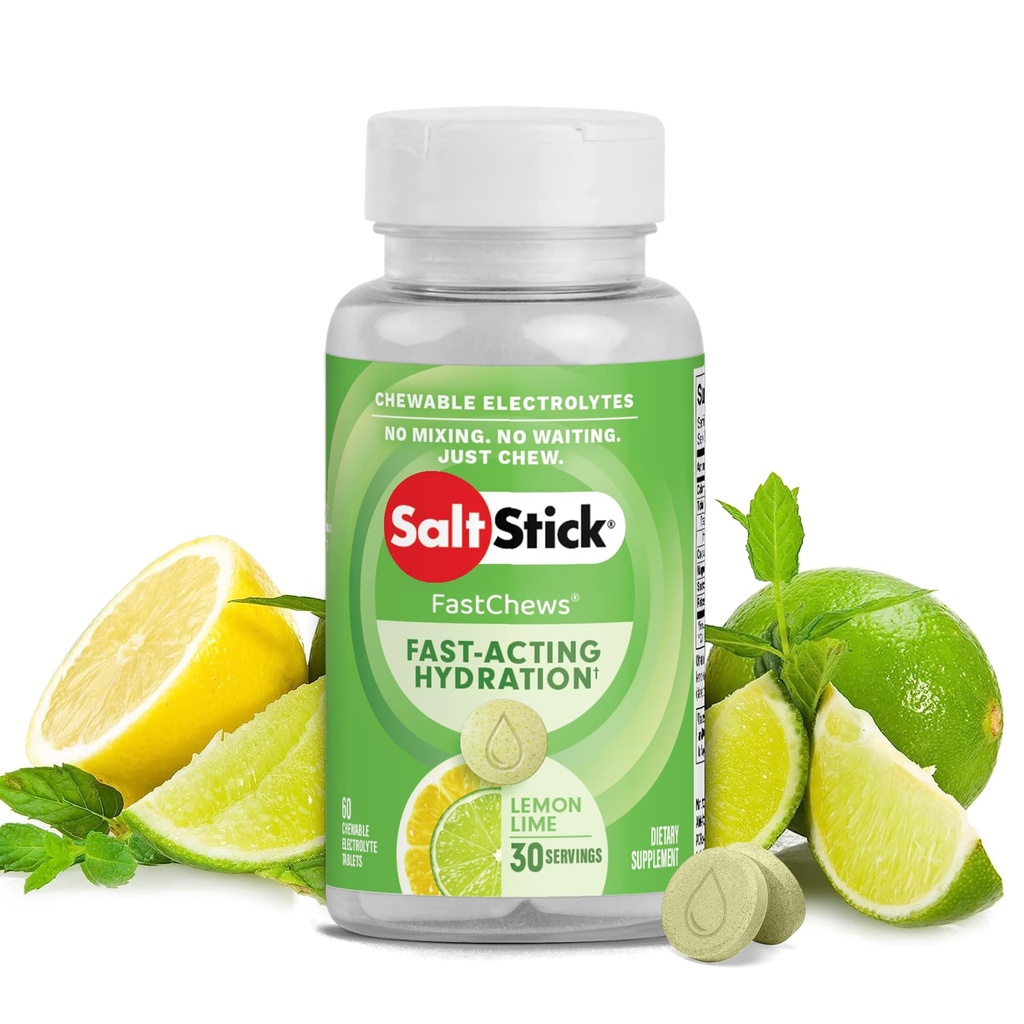 SaltStick Electrolyte FastChews - 60 Count limonina limonina aroma - žvečljive elektrolitske tablete za hidracijo, tablete soli, dehidracija olajšava