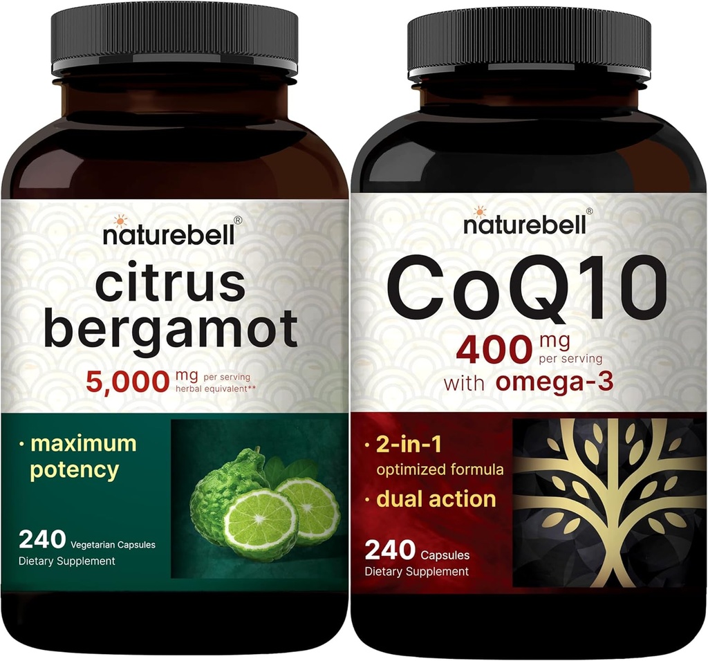 NatureBell CoQ10 400 mg Kapsule z Omega 3 Maščobne kisline & Citrus Bergamot Veggie Kapsule 5.000 mg Enakovredno paketno pakiranje 